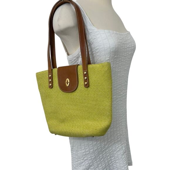 Eric Javits Squishee Raffia Woven Straw Tote Shoulder Bag Green Chartreuse - Picture 1 of 13